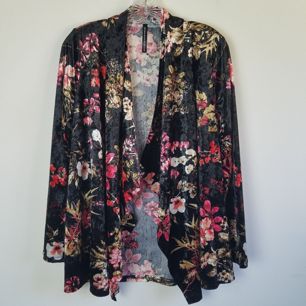 Rags & Couture Open Velvet Cardigan MED Black Pink Floral Whimsigoth Dark Fairy‎